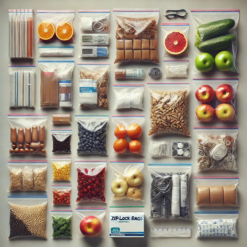 DALL·E 2025-03-24 12.27.01 - A collection of various zip lock bags displayed neatly on a surface. The bags come in different sizes, from small snack-sized to large industrial stor